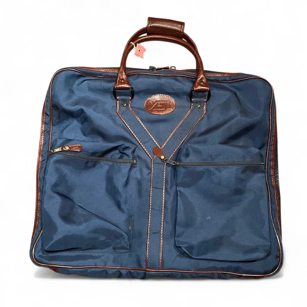 VTG Yves Saint Laurent Garment Suit Bag YSL Navy Blue Leather Travel USA GUC 90s